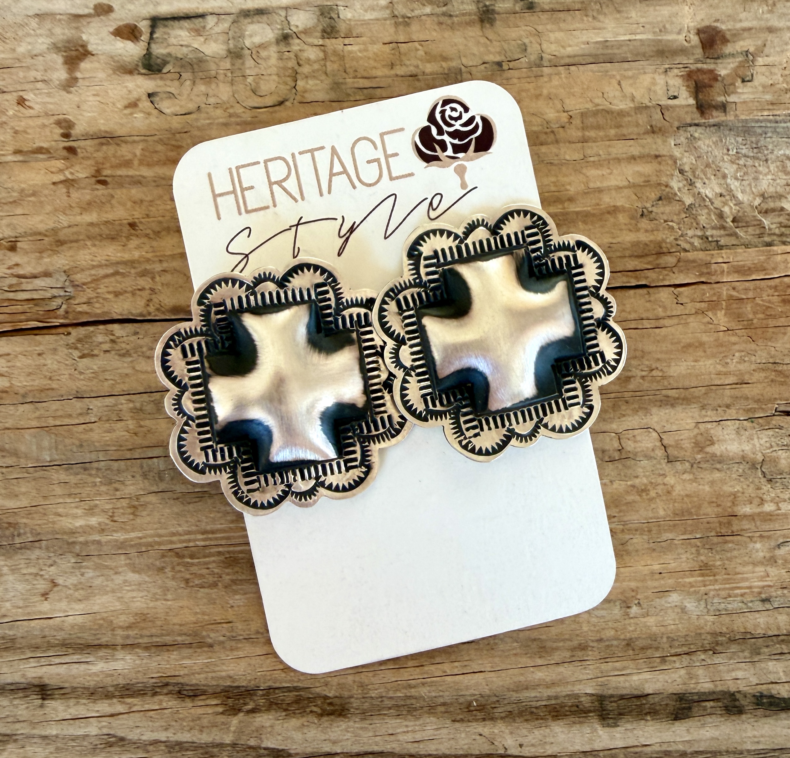 Traditional Sterling Zia Concho Post Earrings with Stampwork