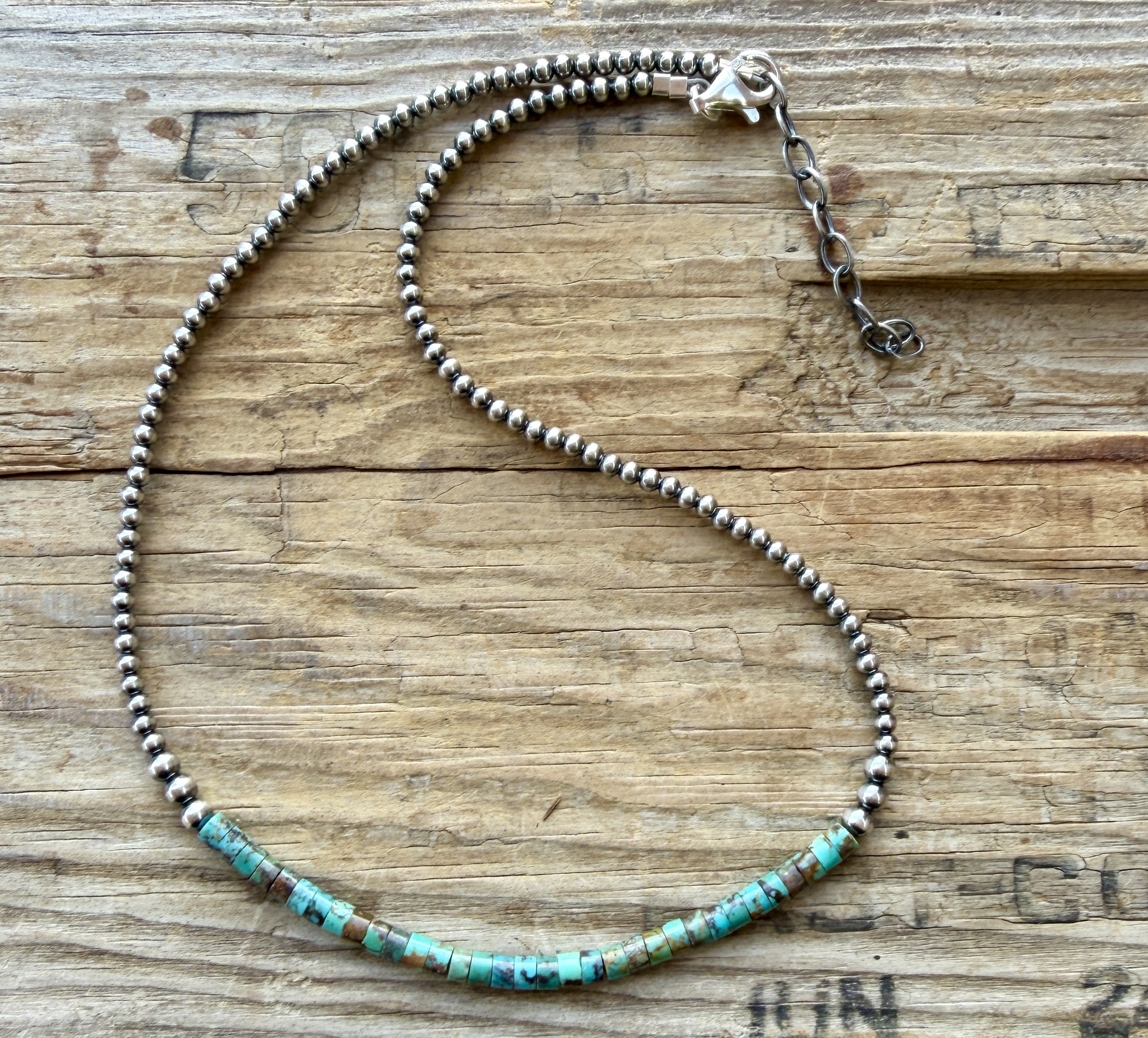 16”-18” 3mm Navajo Pearls with Turquoise Heishi Center